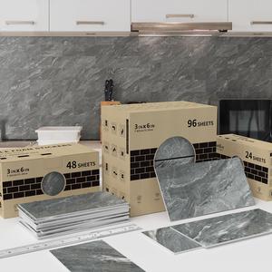 Marble Pattern Tile Sticker, 24/48/96pcs Retro Tile Sticker, Removable Thickened Tile Sticker, Self-adhesive Wallpaper, Kitchen Decor