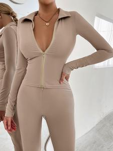 Two-Piece Set Women's Zipper Collar Neck Top & High Waist Pants Set, Ribbed Long Sleeve Top & Solid Trousers For Women, Women's Outfits For Spring Fall Outdoor Wear