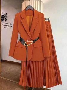 Women's Solid Button Belted Blazer & Pleated Skirt Two-piece Set, Matching Sets, Casual Lapel Neck Long Sleeve Outerwear & Long Skirt for Work Office Business, Ladies Clothes for All Seasons, Clothing Set, Womenswear, Fall outfit