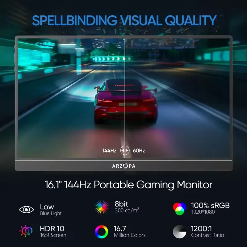 ARZOPA 16.1 inch 100% sRGB 144Hz Portable Monitor Gaming Laptop Display with Type C Mini HDMI For PS/Steam/Deck/Switch/PC/Mac 4