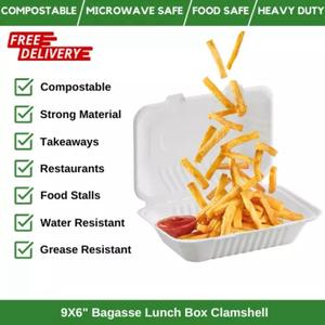100x pcs HB10 Kitchen Take Away Shop Food Containers - Biodegradable Eco-Friendly Bagasse Disposable, Size 9x6 inch - Utensils