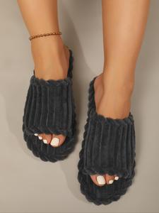 Women's Plain Striped Knitted Fuzzy Slip on House Slippers, Soft and Comfortable Fluffy Home Slippers for Autumn and Winter, Warm Solid Color Wide Band Slippers