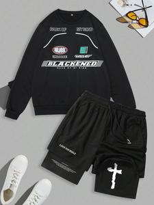 Men's Letter Print Sweatshirt & Track Shorts Set, Loose Casual Round Neck Long Sleeve Pullover & Shorts, Men's Summer Clothes, Fall outfit