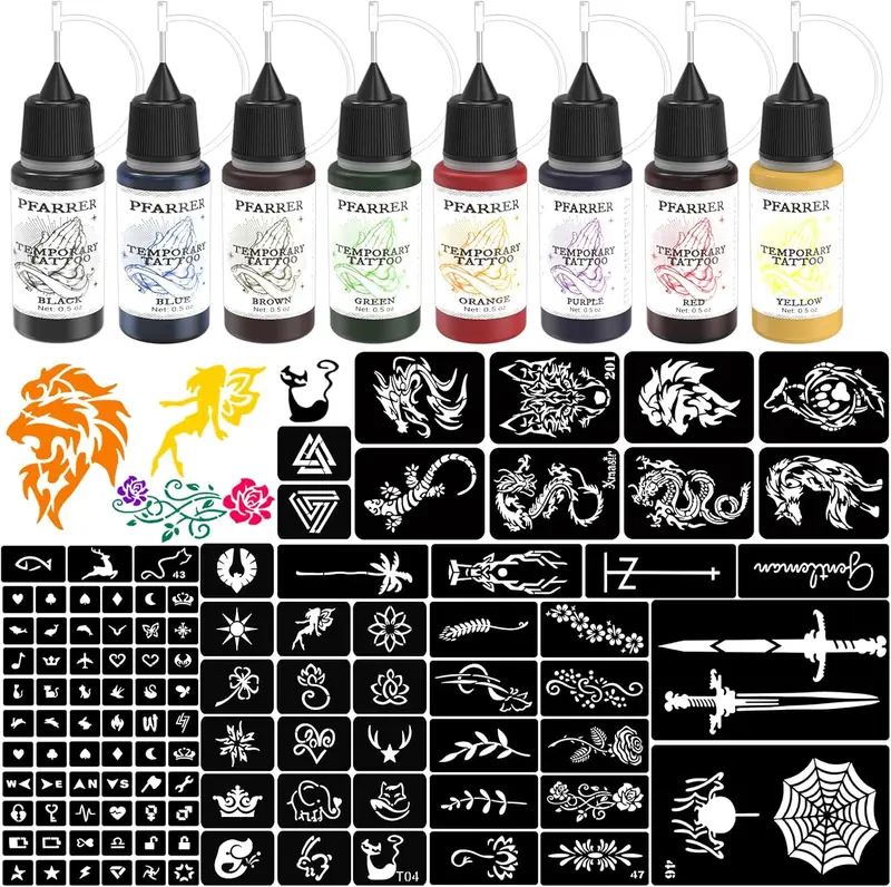 Temporary Tattoo Kit 8 Bottles Color Temporary Tattoo Ink,105 Pcs Stencils Kit for Body Paint DIY Fake Tattoos for Kids&Women (Black,Red,Green... 0
