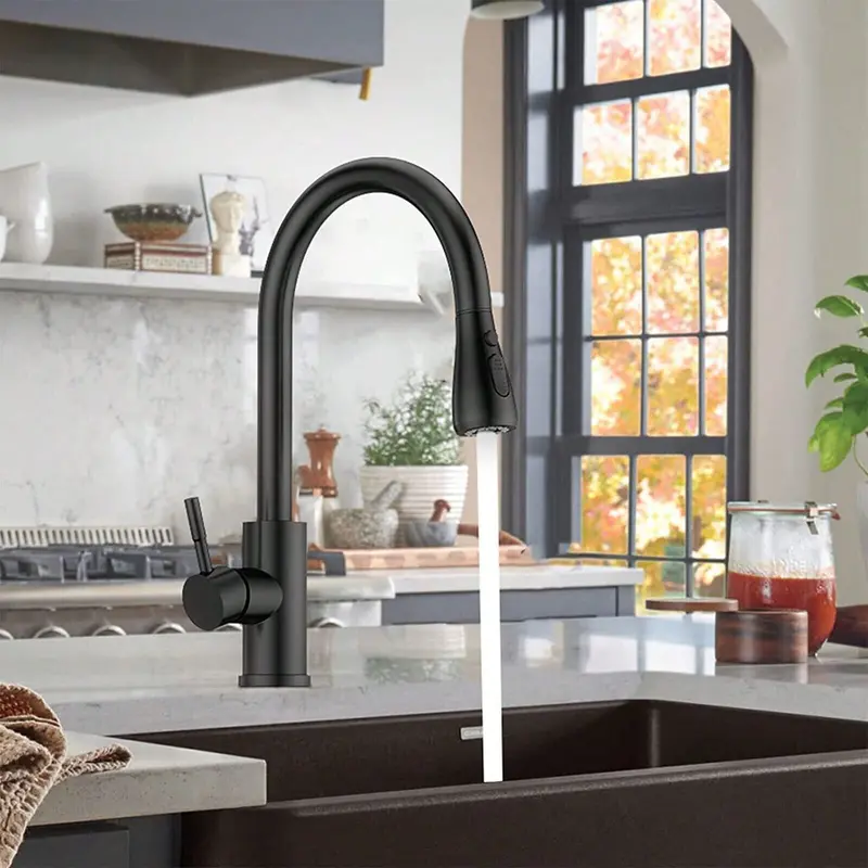1pc Pull-Down Sprayer Kitchen Faucet Black, 360 Degree Kitchen Sink Mixer Taps Pull Out Spout Spray Single Lever Mono Tap- Included Accessory Kit 5