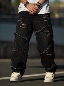 Men's Plain Ripped Design Raw Trim Straight Leg Jeans, Loose Casual Comfy Denim Trousers for Daily Wear, Fashion Men's Bottoms for All Seasons, Cotton