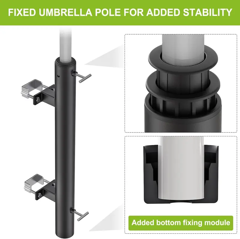 Dolibest Parasol Clamp Balcony, Patio Umbrella Holder Fence Deck Mount Bracket Stand Adjustable Sun Umbrella Fixing Clip Space Saving with 3 Size Sleeve for 3-5cm Pole, Max 5.6 x 5.3cm Railing Post 3