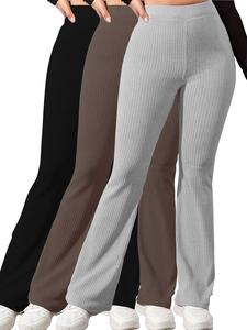 Women's Plain High Waist Ribbed Flare Leg Pants, Casual Comfy Elastic Waist Bell Bottom Trousers for Summer, Rib Flares Pants, Ladies Bottoms for Daily Wear Rib Flares