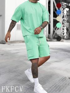 Men's High-Quality Fashion Sportswear Set, Pure Color Shoulder Drop Short Sleeve Tee and Shorts Two-Piece, Casual Fitted H-Type