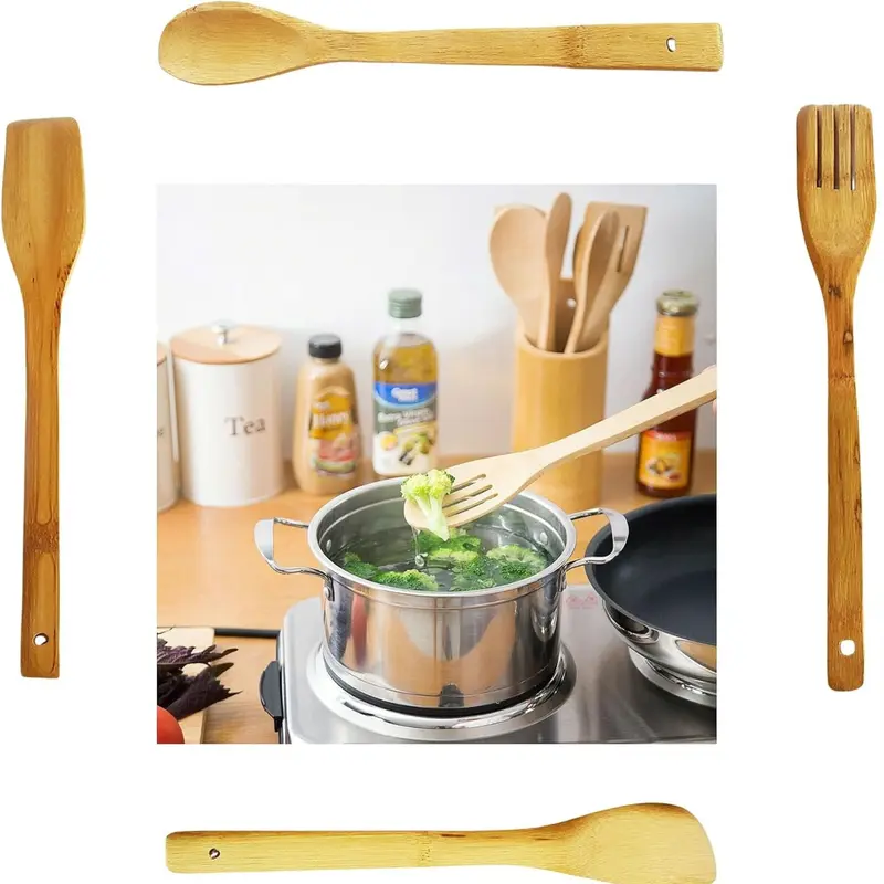 4 Piece Bamboo Wooden Kitchen Cooking Utensils Set with Spatula, Spoon, and Turner - Cookware 2