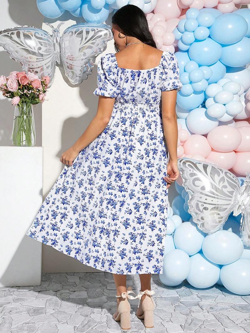 Product Introduction of Festival For Dress Fit Ditsy Elegant Loomaby Maternity Party Floral Tight Mid - Calf Baby Shower Music 42