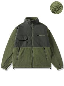 Men's Colorblock Zip Up Polar Fleece Jacket, Loose Casual Long Sleeve Stand Collar Outerwear for Winter, Men's Clothes for Daily Wear