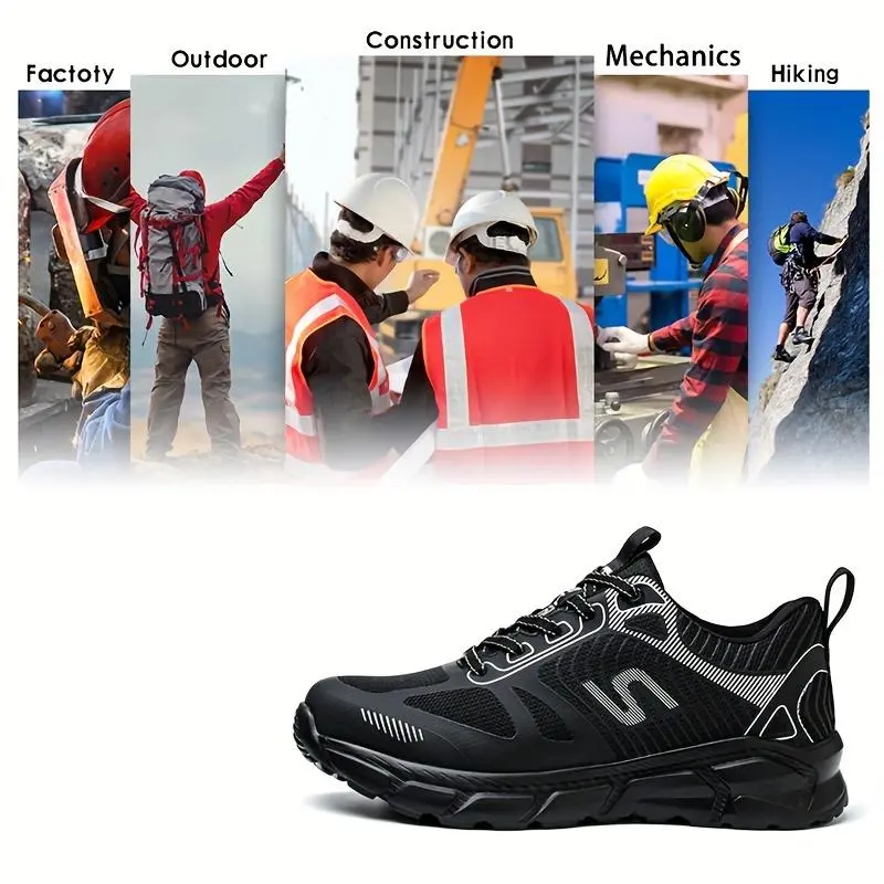 Men's Breathable Steel Toe Lace Up Work Sneakers, Anti Smashing Steel Toe Safety Shoes Puncture Proof Work Shoes, Breathable And Comfortable Men's Work Shoes 8