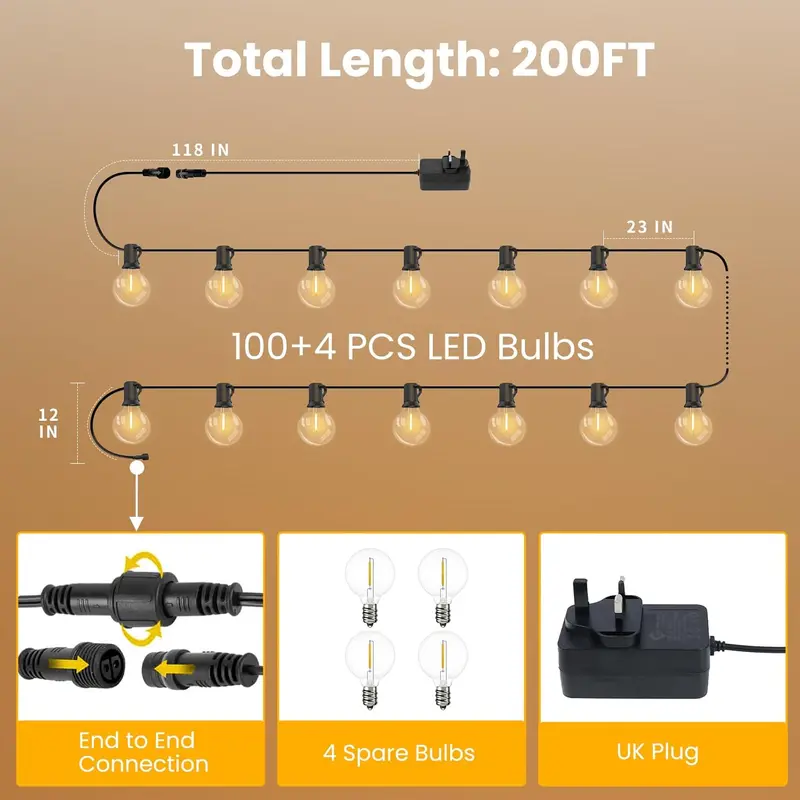 String Lights Remote Controlled, 200FT/60M Festoon Lights Outdoor Waterproof IP45, 100+4 Shatterproof G40 Bulbs, 2500K Warm White for Garden, Yard, Wedding, Patio, Terrace, Party 3