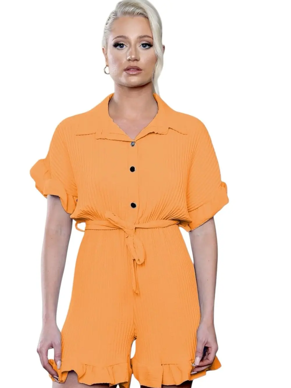 Women's Gold Button Pleated Playsuit with Belted Waist and Pleated Collar in Dress Comfort Fabric