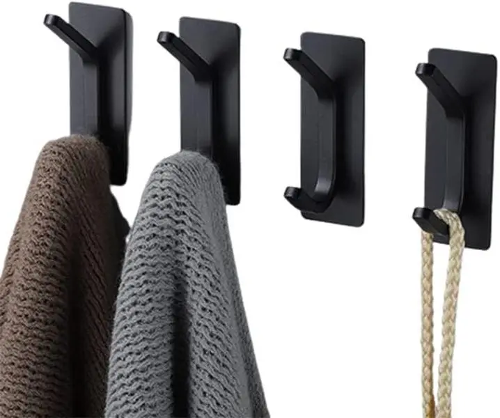 Self Adhesive Hooks, Extra Sticky and Strong, Hanging up to 6KG, Heavy Duty Stick on, No-Nail Hook for Back of Door, Black, 4 Pack