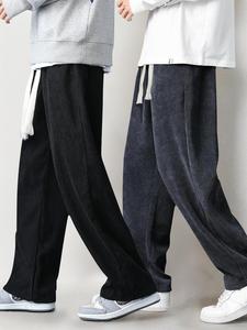 Men's Solid Drawstring Waist Corduroy Pants, Loose Casual Comfy Straight Leg Trousers for Fall & Winter, Men's Bottoms for Daily Wear