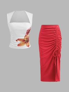 Women's Floral Print Tank Top & Skirt Two-piece Set, Elegant Basic Fashion Casual Chic Two Piece Outfits for Daily Outdoor Wear, Ladies Clothes for All Seasons, Sleeveless Womenswear