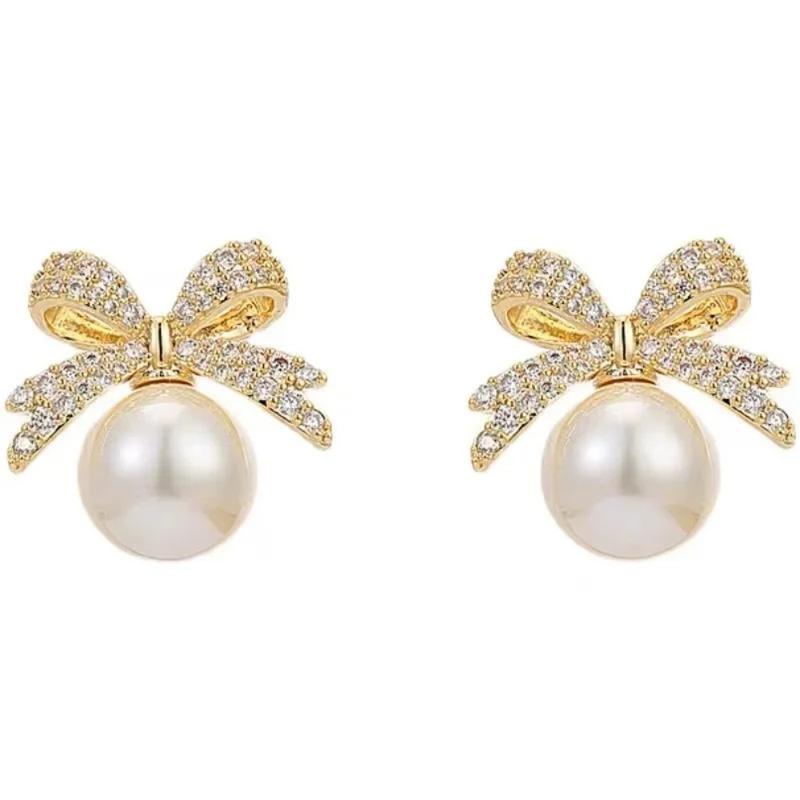 2025 French Elegant Micro Set Zircon Bowknot Pearl Pendant Earrings 2025 New Design Jewelry for Womens Girls Fashion Ear Accessories 5