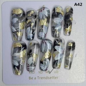 Long trapezoidal nail art, hand-painted flowers, gold foil, cloud mist, detachable, press on nails press  nails miffy  nails miffy  nails short  press  nails short  press  nails