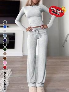 Two-Piece Set Women's Solid Color Long Sleeve Crop Tee & High-Waisted Drawstring Pants Set, Casual Slim Fit Outfit for Fall & Winter Seasons