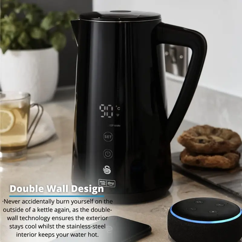 2025NEW-Swan SK14650BLKN Alexa Smart Kettle, LED Touch Display, Keep Warm Function, Stainless Steel Insulated, 1.5L, 1800W, Black 3
