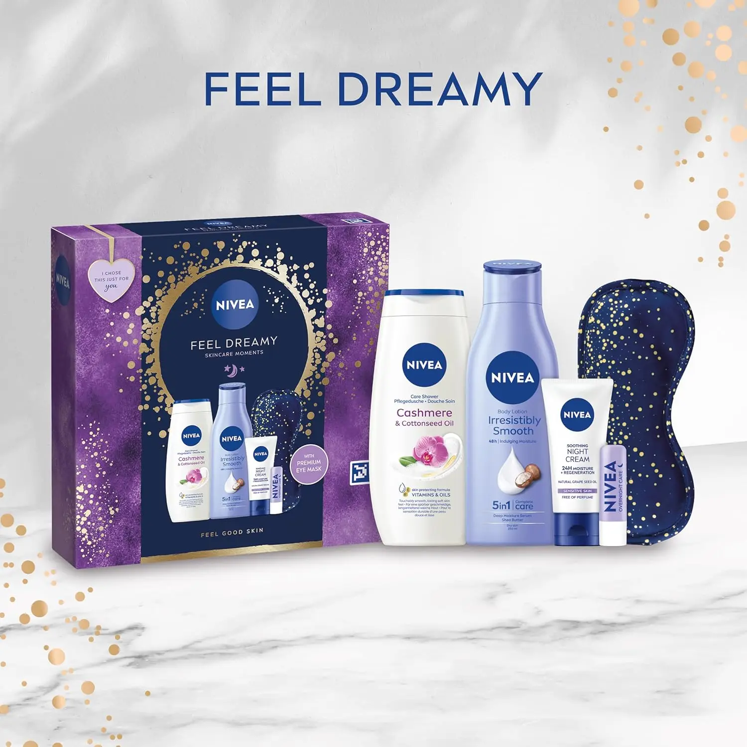 NIVEA Feel Dreamy Gift Set (5 Products), Women's Gift Set with Beauty Products, Includes Shower Cream, Body Lotion, Night Cream, Lip Balm, and Eye Mask