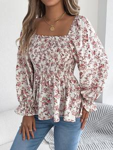 Women's Ditsy Floral Print Blouse, Boho Fashion Top for Daily Holiday Vacation Wear, Women Clothing for Spring & Fall, Womenswear