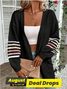 Plus Size Striped Print Drop Shoulder Cardigan, Casual Long Sleeve Open Front Knitwear, Women's Plus Clothing for Daily Wear
