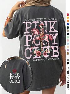 Women's Vintage Letter & Horse Print Round Neck Graphic Tee, Casual Pink Ponyy Club T-shirt for Summer, Women's Top for Daily Wear, Womenswear, Streetwear