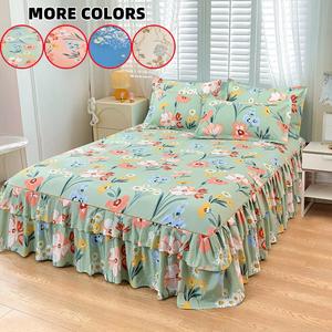 Floral Print Ruffled Edge Bed Skirt Set, 2/3 Counts Including 1 Count Bed Skirt & 1/2 Counts Pillowcase without Filler, Soft Comfortable Breathable Bedding Set, Comfy Bed Sets, Flower Printed Bedding, Floral Print Patchwork, Floral Blanket
