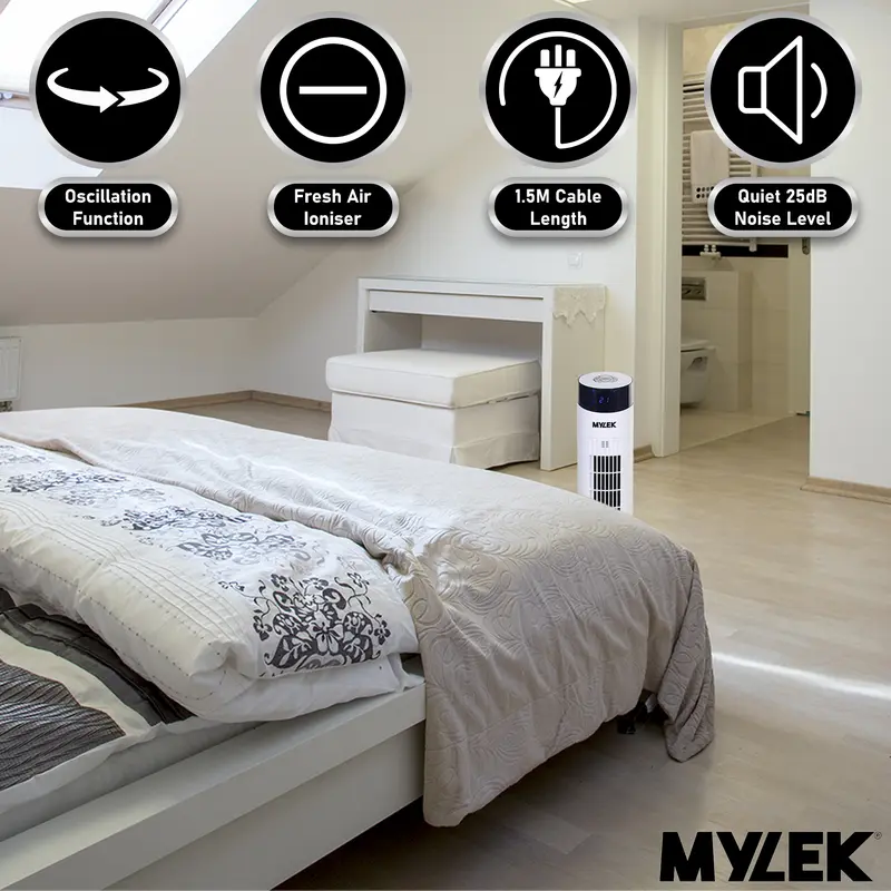MYLEK Tower Fan 34 Inch Oscillating Slim Floor Standing Cool Air Circulator, Remote Control, Timer, Ioniser, Quiet, 3 Cooling Settings, Temp Display, Bedroom, Home Or Office (White Or Black Version) 2