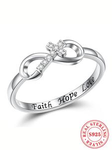 925 Sterling Silver Fashion Rhinestone Decorated Cross Design Ring, Simple Design Ring for Women, for Clothing Decor, Trendy Jewelry for Gift