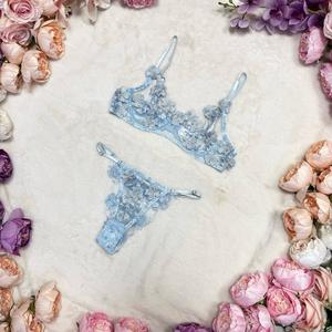 Liliosa Lingerie Blue Melissa Elegant Floral Embroidery Lace  2 Piece Lingerie Set  (Clasp Bra + Adjustable Pants) Comfortable Underwear Womenswear, Gorgeous Soft Bra and Bottom Thong, Bridal Style, Adjustable Spaghetti Straps Feminine Minimalist Sheer