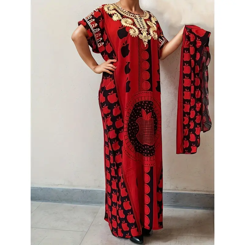 Elegant Plus Size Floral Print Kaftan - Breathable Polyester Round Neck Short Sleeve Maxi Dress for Women - Machine Washable, Perfect for Ramadan & All Seasons 6