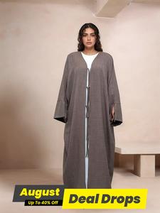 Women's Solid Color Tie Front Split Sleeve Abaya, Casual Long Sleeve V Neck Abaya for Daily Wear, Ladies Islamic Clothing for All Seasons, Open Front Abaya