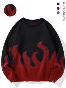 Men's Fire Pattern Drop Shoulder Sweater, Regular Fit Casual Long Sleeve Round Neck Jumper for Fall & Winter, Fashion Men's Knitwear for Daily Wear