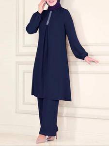 Two-Piece Set Women's Contrast Sequin Plicated Keyhole Neckline Blouse & Wide Leg Pants Set, Modest Casual Bishop Sleeve Top & Elastic Waist Trousers, Ladies Islamic Clothing for All Seasons