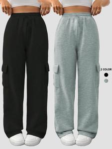 Women's Solid Flap Pocket High Waist Straight Leg Pants, Minimalist Casual Fit Streetwear Elastic Waist Pocket Trousers for Daily Wear, Ladies Bottoms for Summer, Vibrant Pants Women, Trousers for Women, Womenswear, Wide Legged Pants