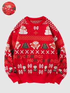 Men's Christmas Tree & Snowman Print Drop Shoulder Sweater, Casual Comfy Regular Fit Long Sleeve Round Neck Jumper for Fall & Winter, Fashion Men's Knitwear for Daily Wear