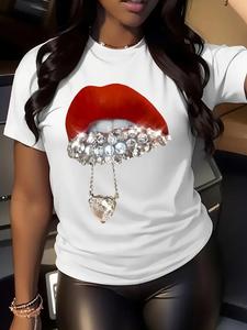 Women's Lip & Rhinestones Print Round Neck Tee, Trendy Casual Graphic Print Short Sleeve T-Shirt for Daily Wear, Ladies All Seasons Tops