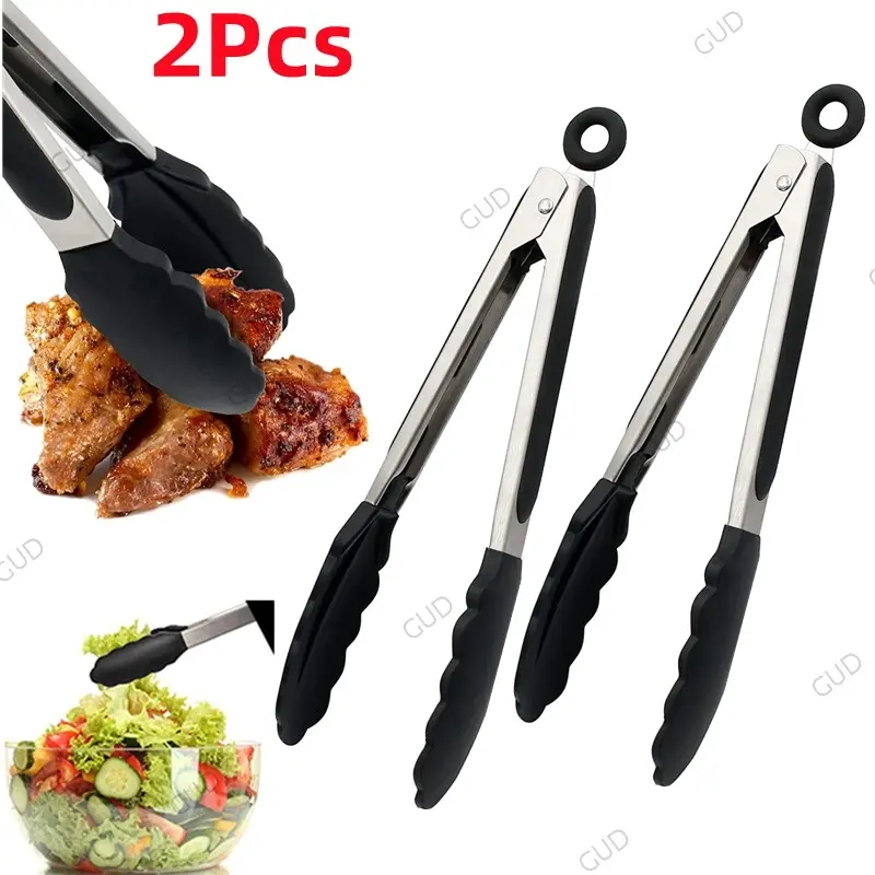 2X Kitchen Cooking Tongs Salad Serving Barbecue tools Stainless Handle Utensil 0