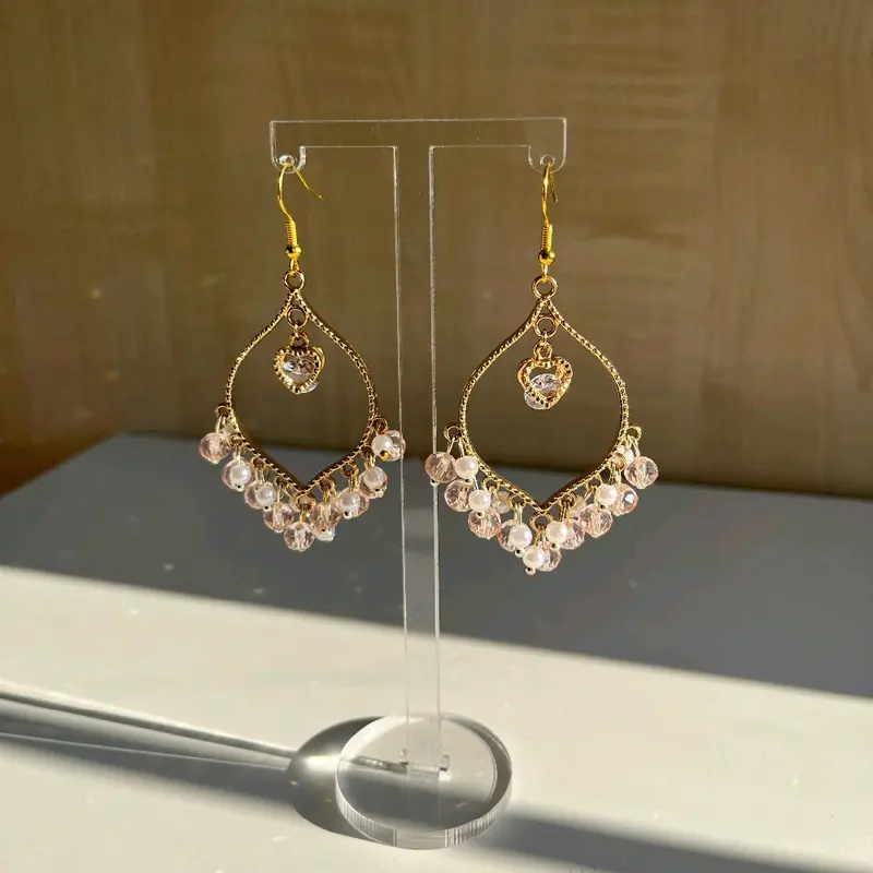 Handmade Pink Crystal White Pearl Heart Earrings - Light Weight Jhumkas for Women 0
