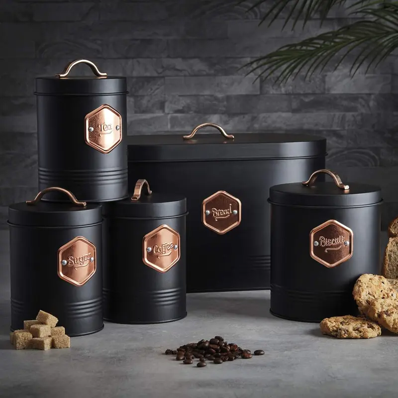 Cooks Professional 5 Piece Storage Canister Set | Labelled Containers for Tea Coffee Sugar Biscuits & Bread | Canisters Sets for Kitchen Accessories & Essentials | Black & Copper 3