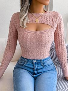 Women's Plain Cut Out Round Neck Sweater, Casual Long Sleeve Jumper for Fall & Winter, Women's Knitwear for Daily Wear, Tops