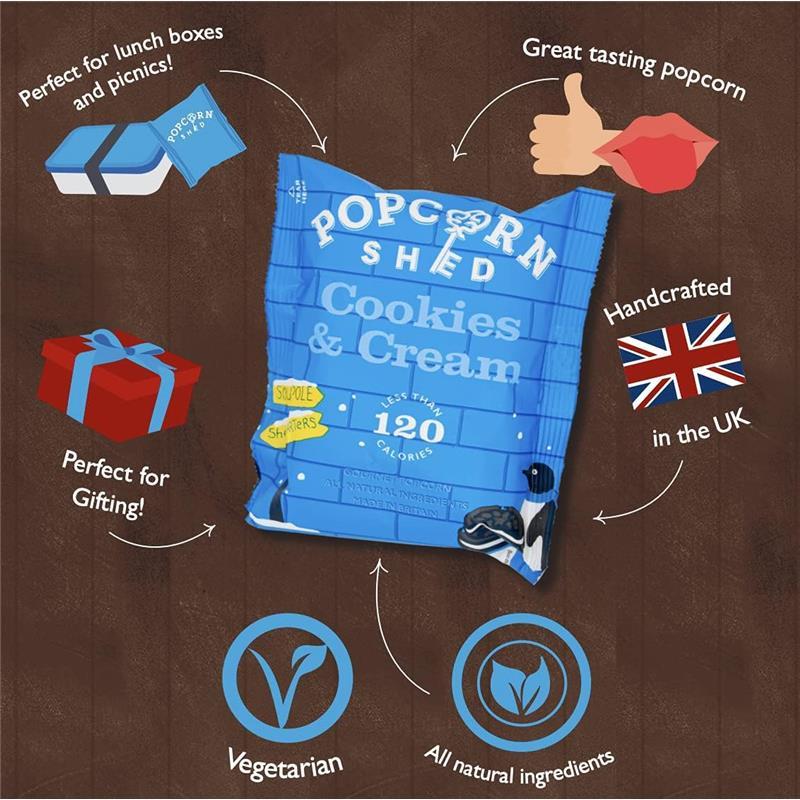 Cookies & Cream Popcorn Snack Pack, 1 x 24g Bag, Handcrafted, Natural & Vegetarian Snack Chocolate Crunchy 3