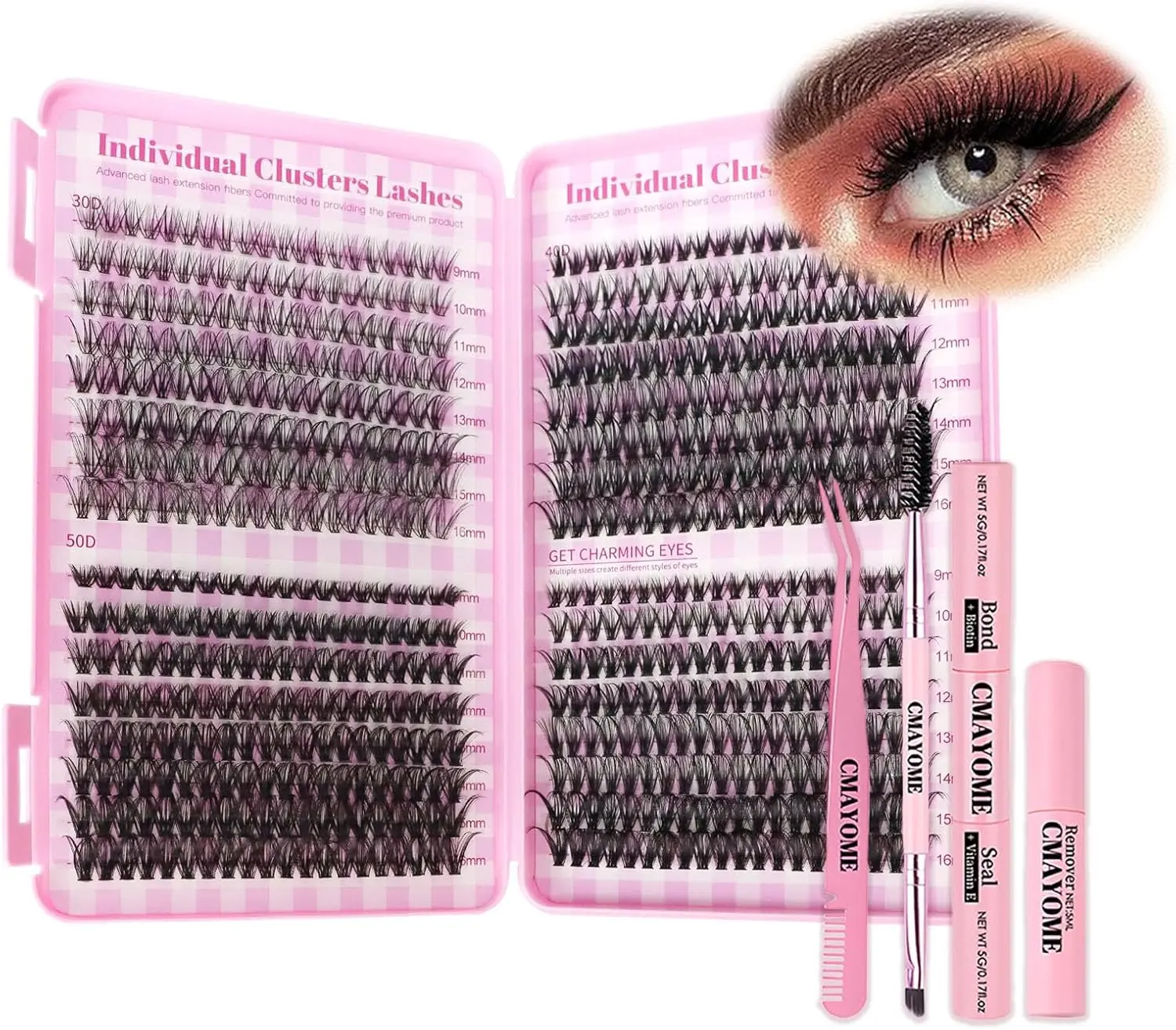 Eyelash Extension Kit 640pcs Individual Eyelashes Kit Cluster Lashes Individual CLuster 9-16mm DIY Eyelash Extension Kit with Lash Bond and Remover, Tweezers, Double-Ended Brush(30D&40D&50D)