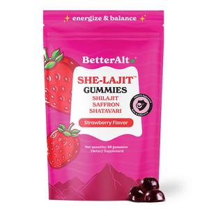 BetterAlt SHE-Lajit Wet Gummies for Women | Himalayan Shilajit, Shatavari, Saffron | OBGYN Recommended | Energy & Balance | Strawberry Flavor | 60 Gummies