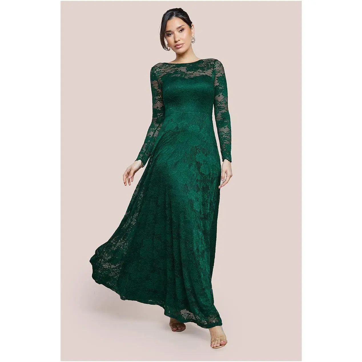 Goddiva Scalloped Lace A-Line Maxi Dress - Emerald Green