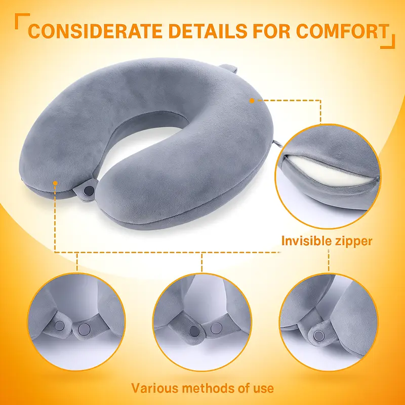 Ergonomic Travel Neck Pillow - Soft Memory Foam, Portable U-Shape Design with Snap Closure, Lightweight for Airplane, Car, & Home - Available in Black, Red, Blue, and Grey 3